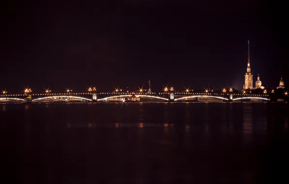 Ночь, мост, стена, темно, Питер, огоньки, фонари, канал