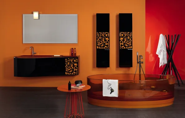 Оранжевый, дизайн, интерьер, ванна, ванная комната