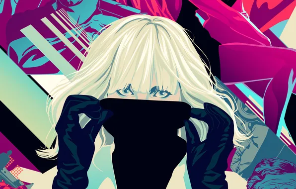 Абстракция, фон, Charlize Theron, арт, блондинка, перчатки, Шарлиз Терон, Atomic Blonde