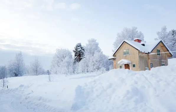 Картинка зима, снег, деревья, пейзаж, природа, зимний, домик, house