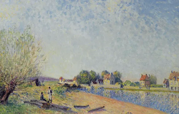 Картинка дома, картина, Alfred Sisley, Канал Луэна в Сен-Мамес, Альфред Сислей, река, пейзаж