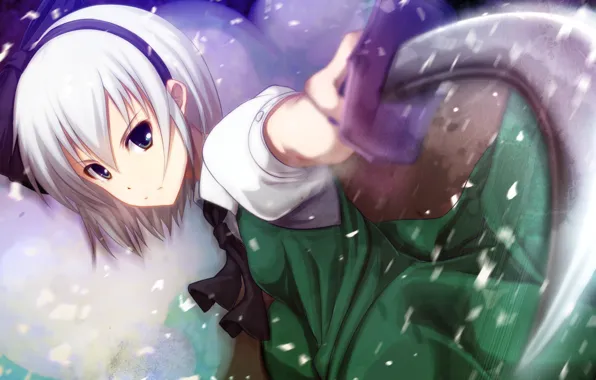 Взгляд, девушка, оружие, меч, touhou, взмах, art, konpaku youmu