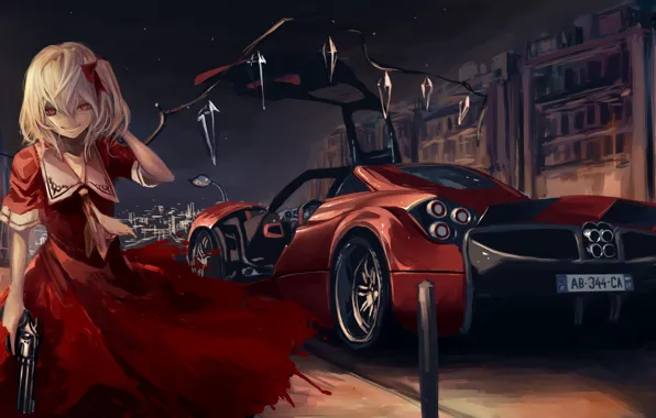 Машина, девушка, город, пистолет, крылья, арт, кристаллы, красное платье