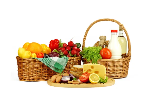Картинка корзина, яйца, сыр, молоко, лук, хлеб, фрукты, овощи