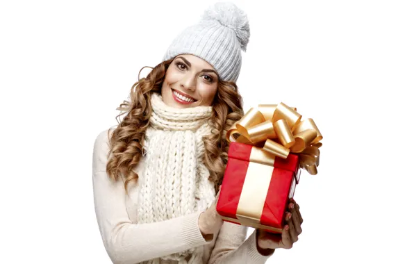 Картинка девушка, улыбка, настроение, праздник, подарок, шапка, новый год, шарф