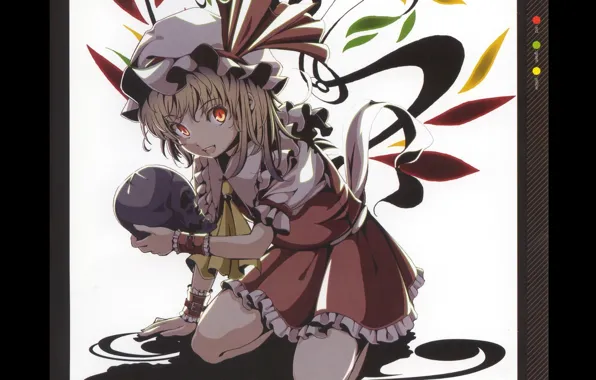 Череп, кристаллы, красные глаза, чепчик, touhou, art, оборки, Touhou Project