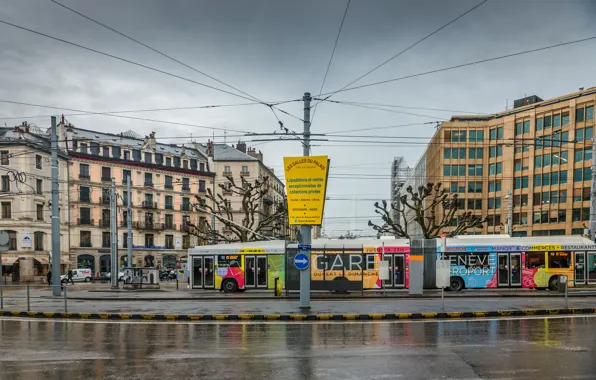 Картинка Швейцария, Улица, Дождь, Здания, Автобус, Switzerland, Street, Rain