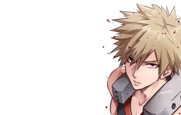 Взгляд, белый фон, парень, My Hero Academia, Boku No Hero Academia, Моя Геройская Академия, Бакуго …