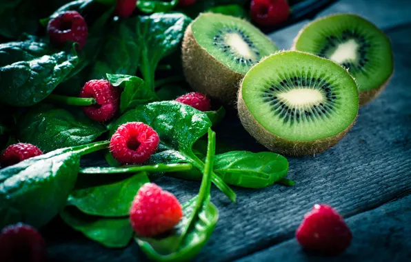 Капли, свет, ягоды, малина, размытие, киви, raspberry, foliage