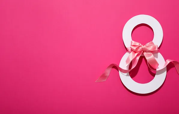 Цифра, лента, happy, розовый фон, 8 марта, pink, background, number