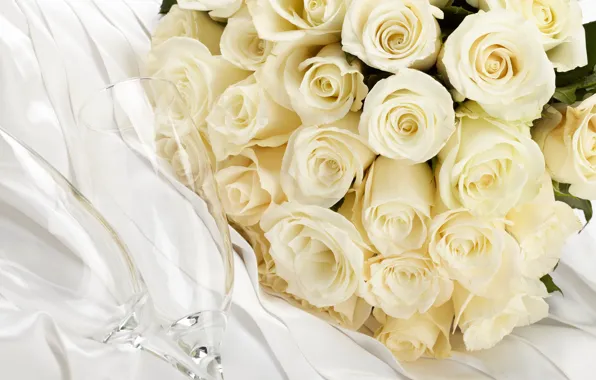 Букет, бокалы, white, белые розы, flowers, roses