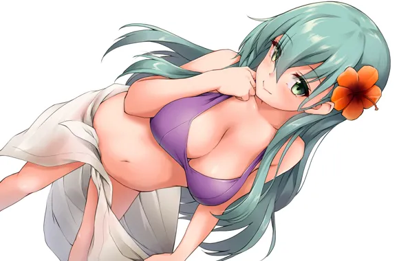 Girl, sexy, cleavage, green eyes, long hair, boobs, anime, beautiful