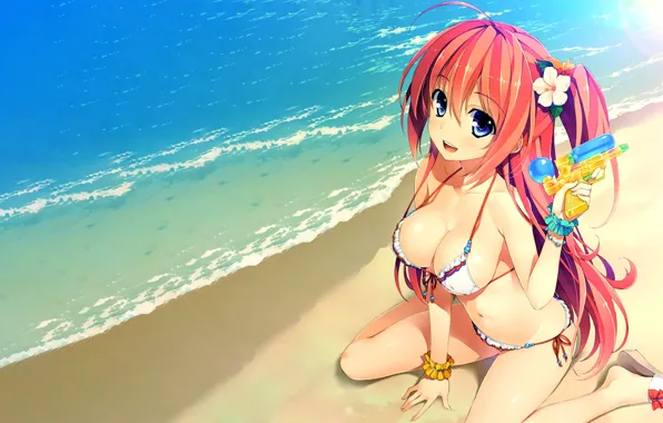 Girl, sexy, beach, long hair, sea, boobs, anime, beautiful