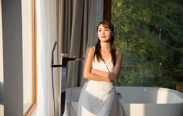 Beautiful, Asian, Model, pretty, Woman, Evening, Tub, Dusk