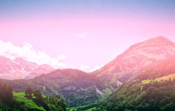 Картинка лес, небо, солнце, деревья, горы, by mike pro, альпийская поляна