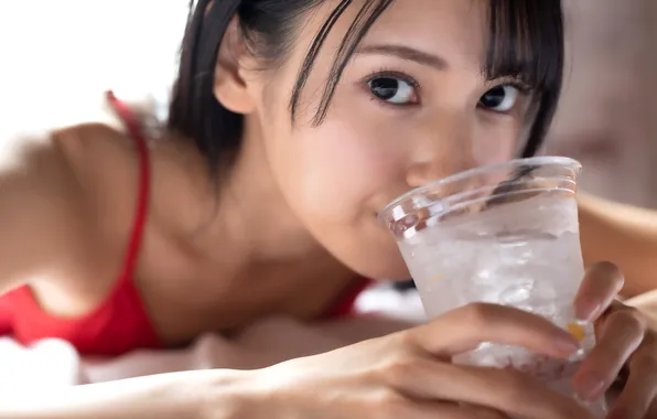 Beautiful, Asian, Model, Glass, Bed, Woman, Lying Down, Pretty