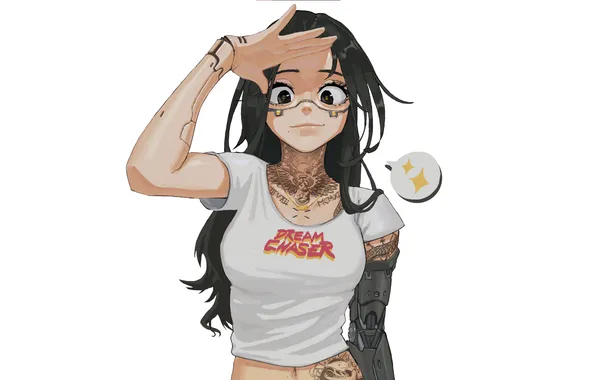 Long hair, women, smiling, moles, black eyes, looking at viewer, closed mouth, one arm up