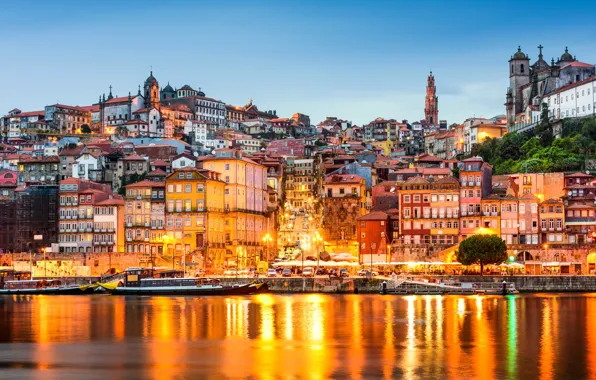 Картинка море, огни, дома, Португалия, Порту