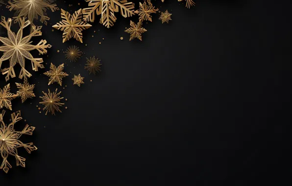Снежинки, фон, золото, черный, Новый Год, Рождество, golden, black