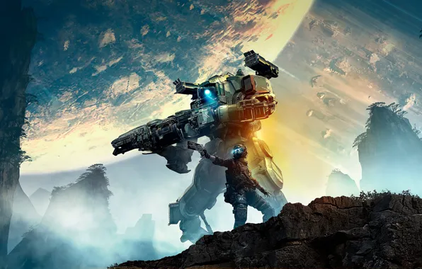 Оружие, планета, робот, воин, Titanfall 2