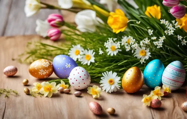Картинка цветы, яйца, весна, colorful, Пасха, happy, flowers, spring