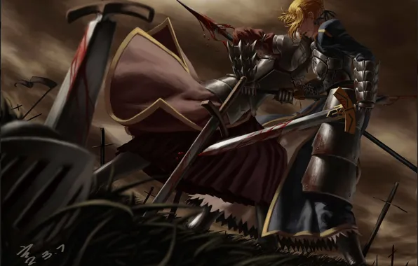 Картинка девушка, оружие, кровь, меч, аниме, воин, арт, броня
