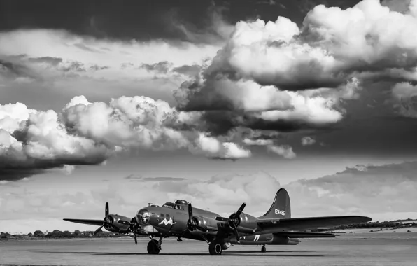 Небо, USAF, B-17, Вторая Мировая Война, Boeing B-17 Flying Fortress, Flying Fortress, Монохром, Тяжёлый бомбардировщик