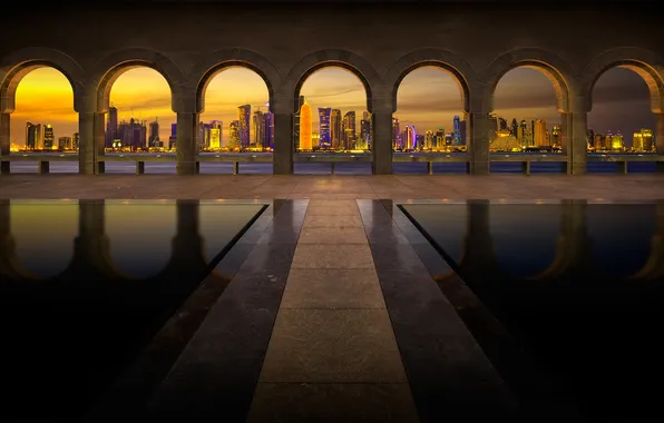 Картинка город, вечер, архитектура, Qatar, Doha, the Museum of Islamic Art