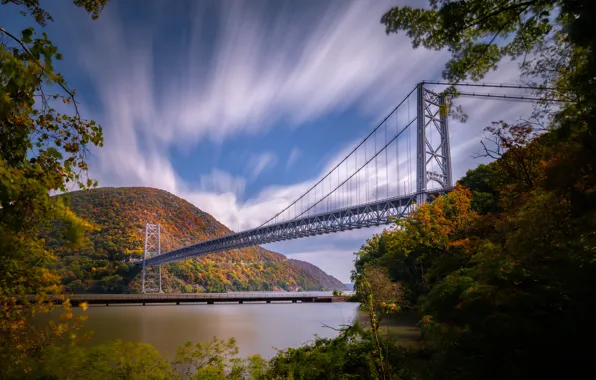 Осень, небо, горы, мост, река, Hudson River, штат Нью-Йорк, Река Гудзон