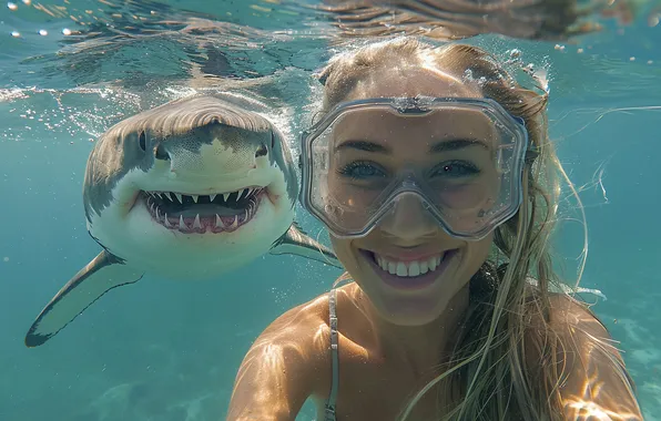 Картинка Girl, Shark, Cool, Smile, Underwater, Teeth, AI Art