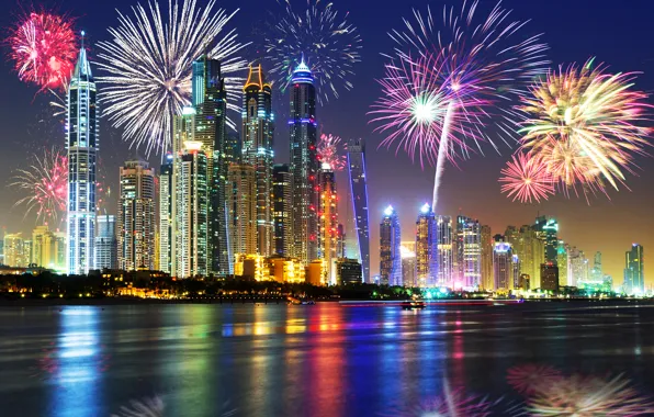 Картинка ночь, огни, праздник, новый год, небоскребы, салют, Дубай, набережная