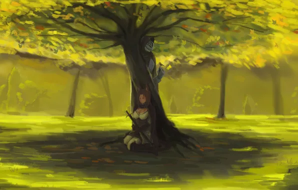 Картинка девушка, пейзаж, природа, оружие, дерево, птица, меч, аниме