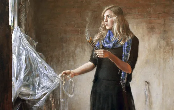 Картинка девушка, дым, палочки, окно, блондинка