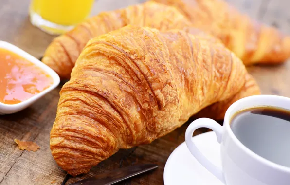 Кофе, завтрак, выпечка, cup, джем, coffee, croissant, breakfast