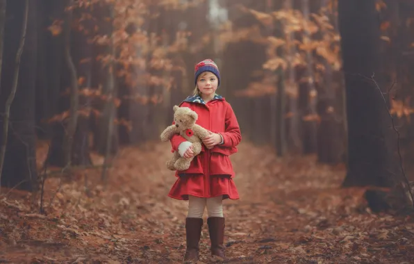 Осень, лес, игрушка, мишка, девочка