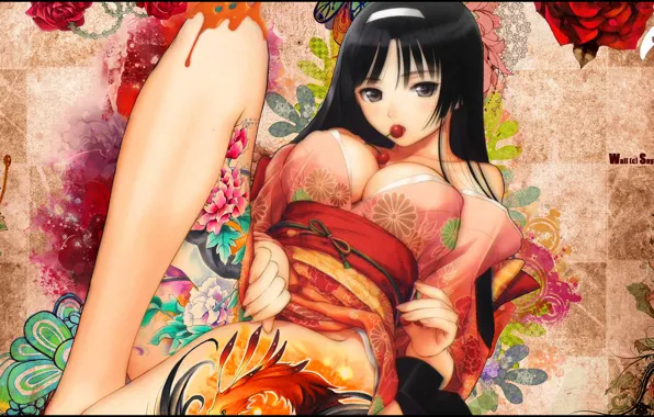 Девушка, узоры, тату, гейша, вишни, tony taka ecchi