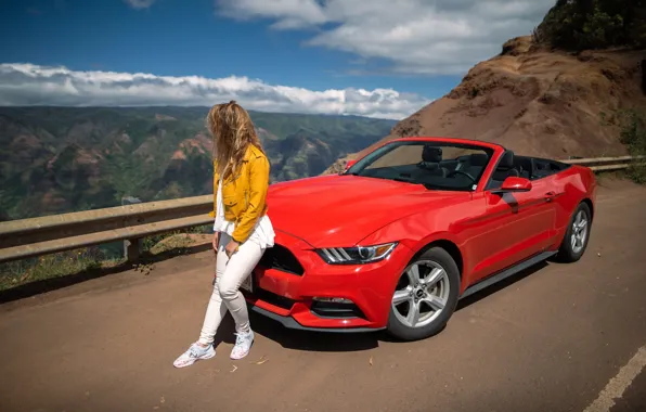 Картинка дорога, машина, авто, девушка, горы, кабриолет, Ford Mustang