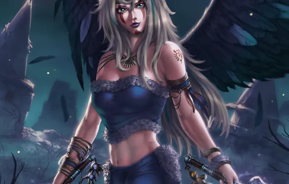 Картинка взгляд, девушка, оружие, фантастика, крылья, ангел