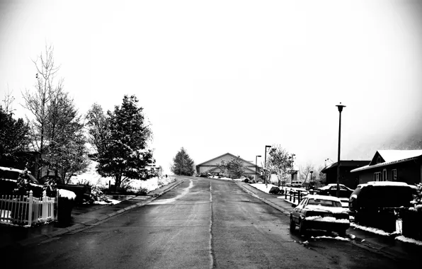 United States, cars, winter, mountain, snow, street, fog, houses