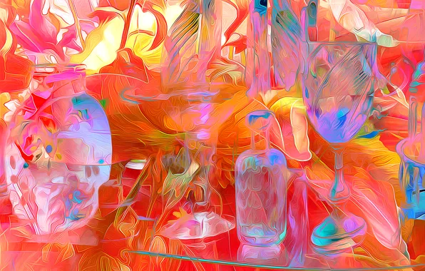 Линии, бокал, цвет, бутылка, посуда, ваза