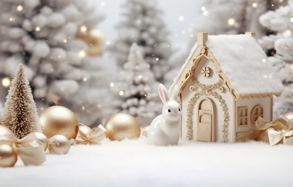 Картинка зима, снег, шары, елка, Новый Год, Рождество, подарки, golden