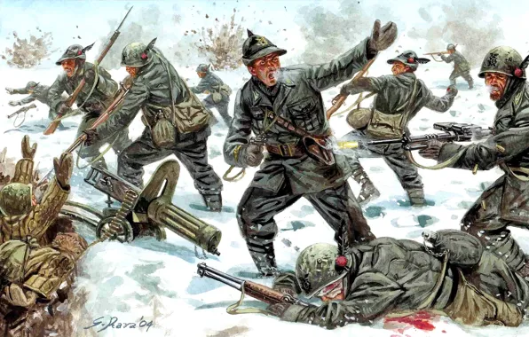 Картинка зима, снег, оружие, атака, рисунок, бой, арт, солдаты