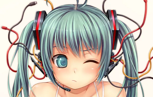 Девушка, провода, аниме, наушники, Hatsune Miku, Art, Vocaloid, Namaru