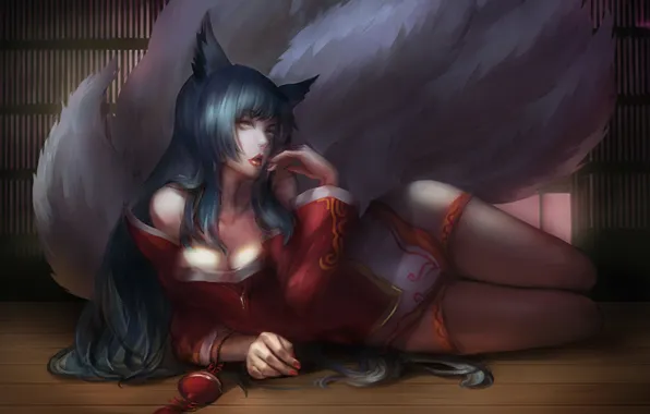 Арт, league of legends, хвосты, ahri, caviar, lunar sama, девушка лежа