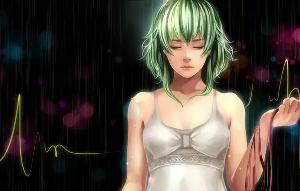 Картинка девушка, дождь, арт, провод, vocaloid, зеленые волосы, gumi, jun jun