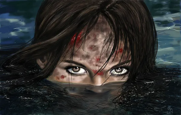 Картинка глаза, взгляд, вода, девушка, лицо, кровь, грязь, арт