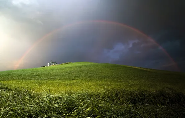 Картинка пшеница, небо, тучи, радуга, холм, домик, травы