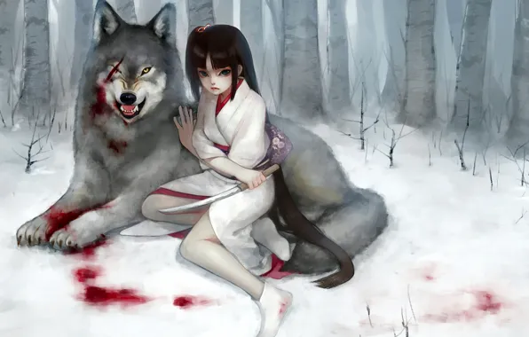 Картинка лес, девушка, снег, кровь, волк, кинжал, кимоно, шрам