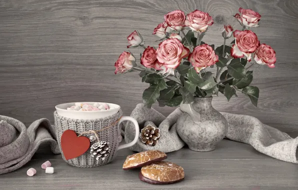 Картинка цветы, горячий, шоколад, печенье, чашка, ваза