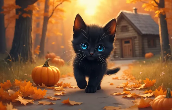 Осень, кошка, взгляд, деревья, поза, дом, котенок, черный